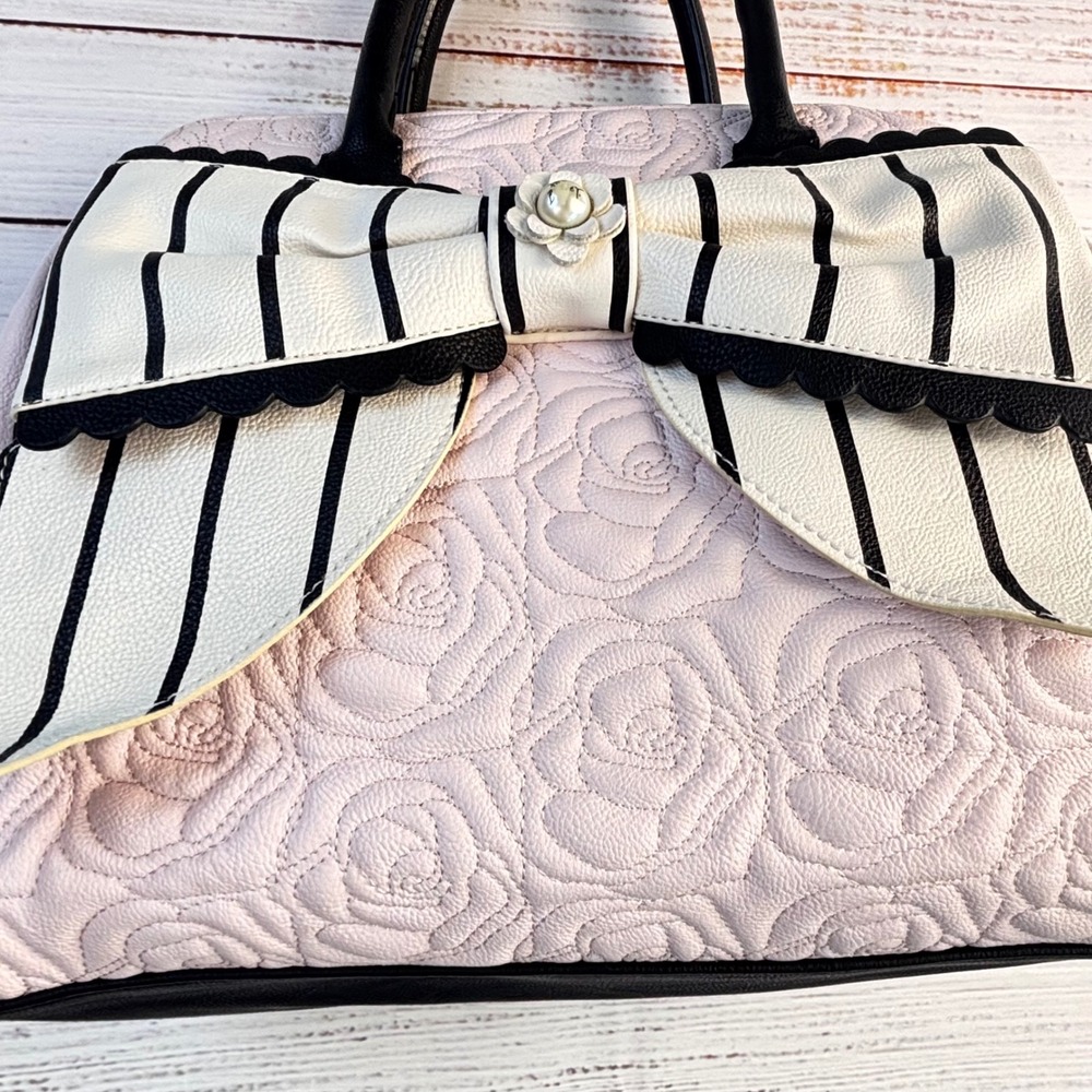 Betsey Johnson Pink Quilted‎ Rose Satchel Bag with Large Striped Bow Fairy Goth - Picture 13 of 16